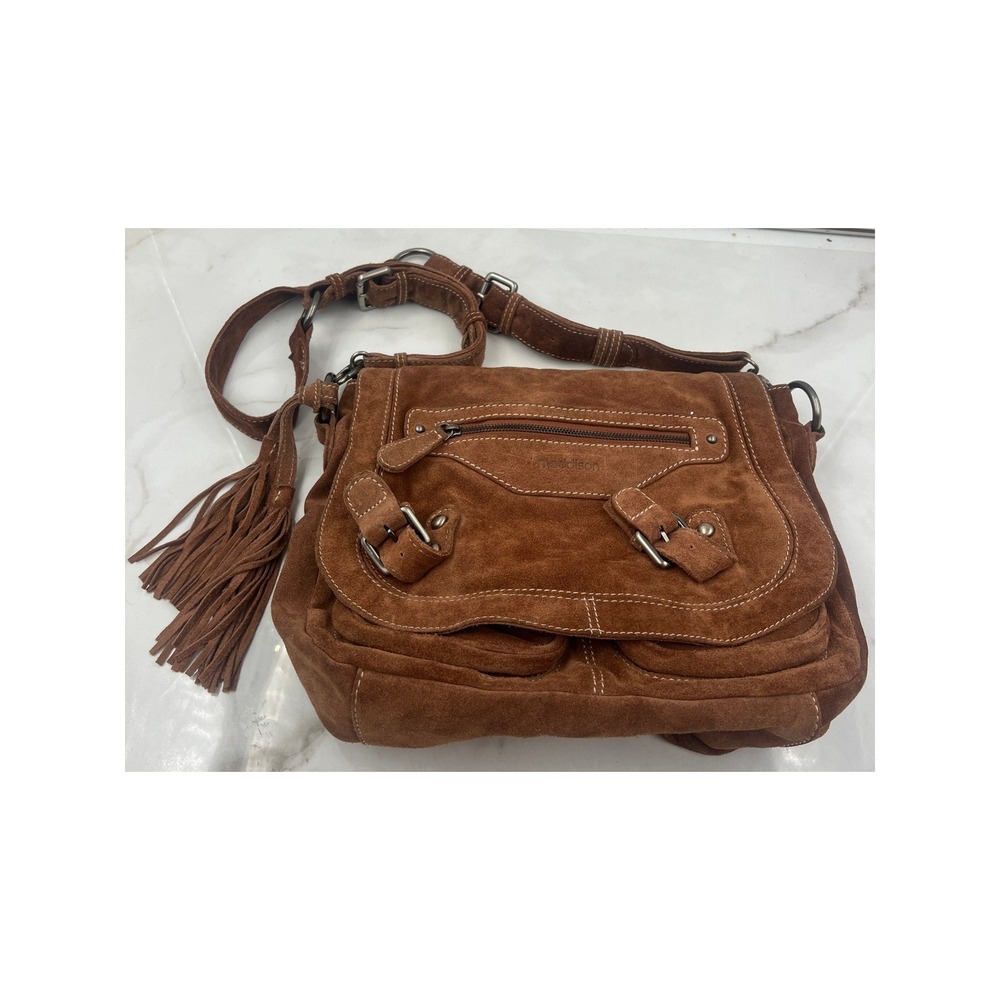 Maddison Brown Suede Crossbody Bag Tassel Detail Boho Buckle Flap Messenger